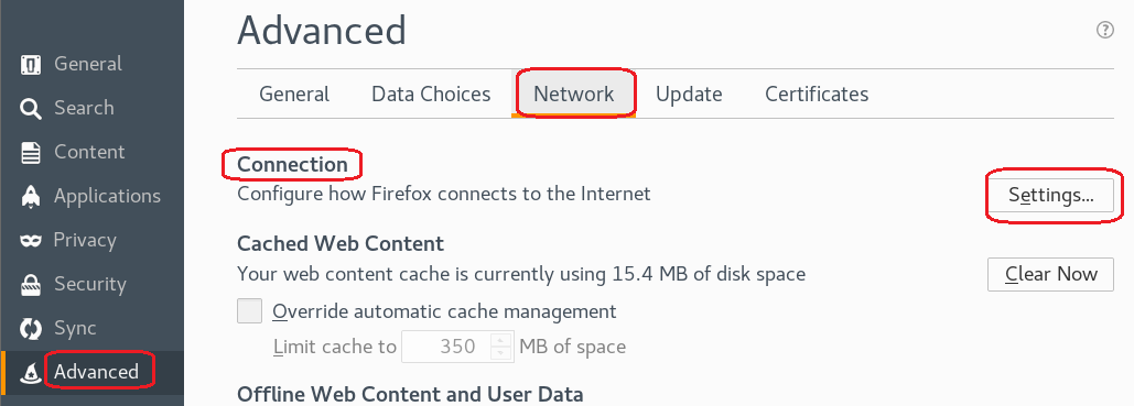 Advanced General Search Content Applications Privacy Security Sync Advanced General Connection Data Choices Network Update Certificates Configure how Firefox connects to the Internet Cached Web Content Your web content cache is currently using 15.4 MB of disk space Override automatic cache management Limit cache to 350 MB of space Offline Web Content and User Data Settings... Clear Now 