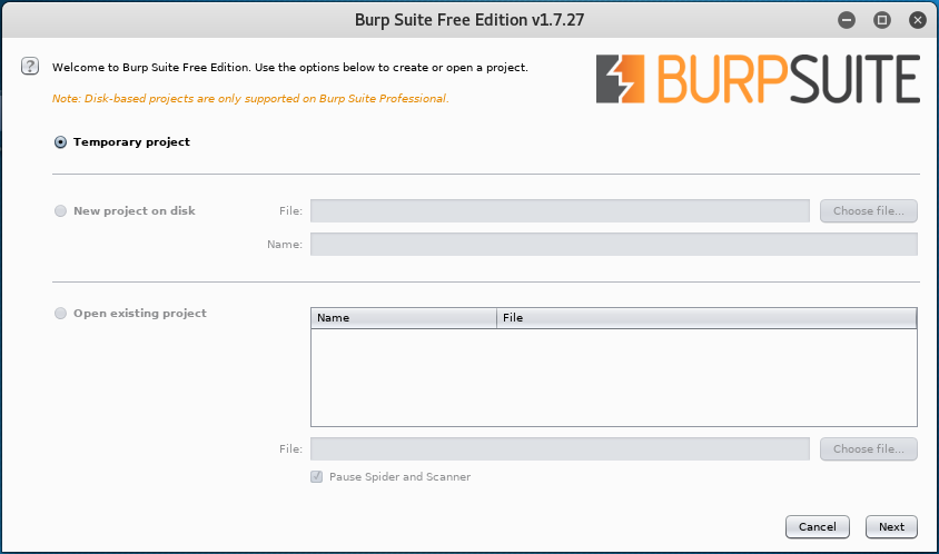 Burp Suite Free Edition v1.7.27 Welcome to Burp Sulte Fræ Edition to or open a Note: D are only on Burp Suite project on disk me: Open Spide a BURPSUITE 