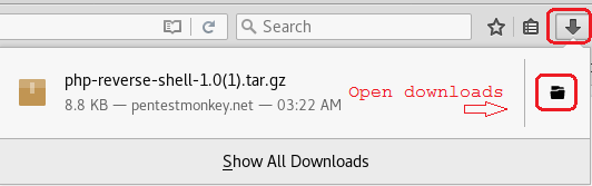 DI e q Search php-reverse-shell-1.0(1).tar.gz Open downloads 8.8 KB — pentestmonkey.net — 03:22 AM Show All Downloads 