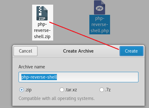 ZIP php- reverse- shell.zip Cancel Archive name php-reverse-shell @ .zip php- reverse- Create Archive Create o .tar.xz o Compatible with all operating systems. 