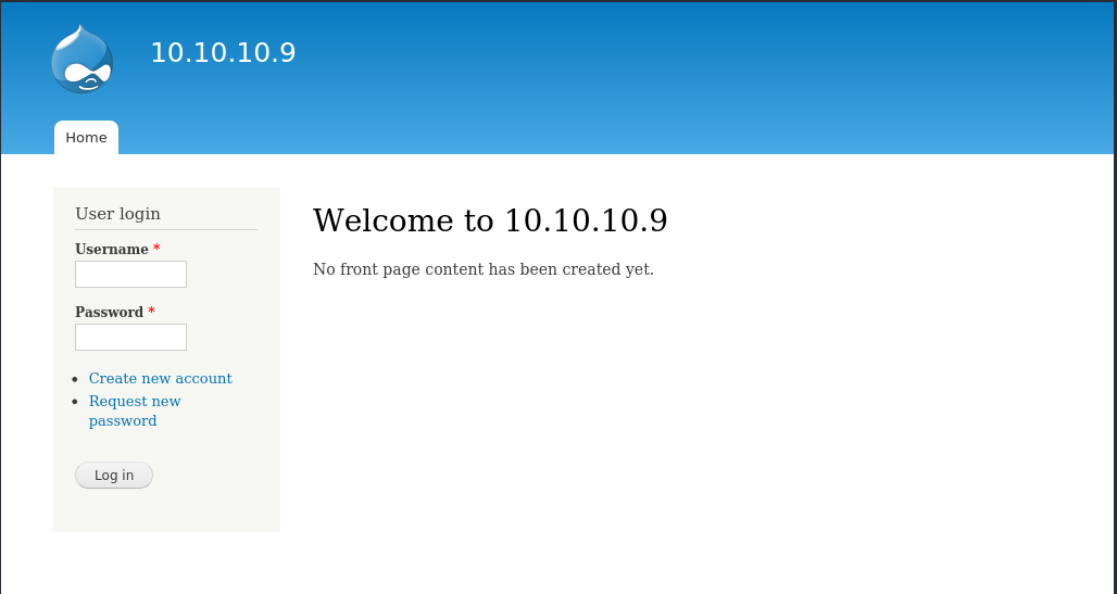 10.10.10.9 
User login 
new u —t 
new 
Welcome to 10.10.10.9 
No front page content has been created yet. 