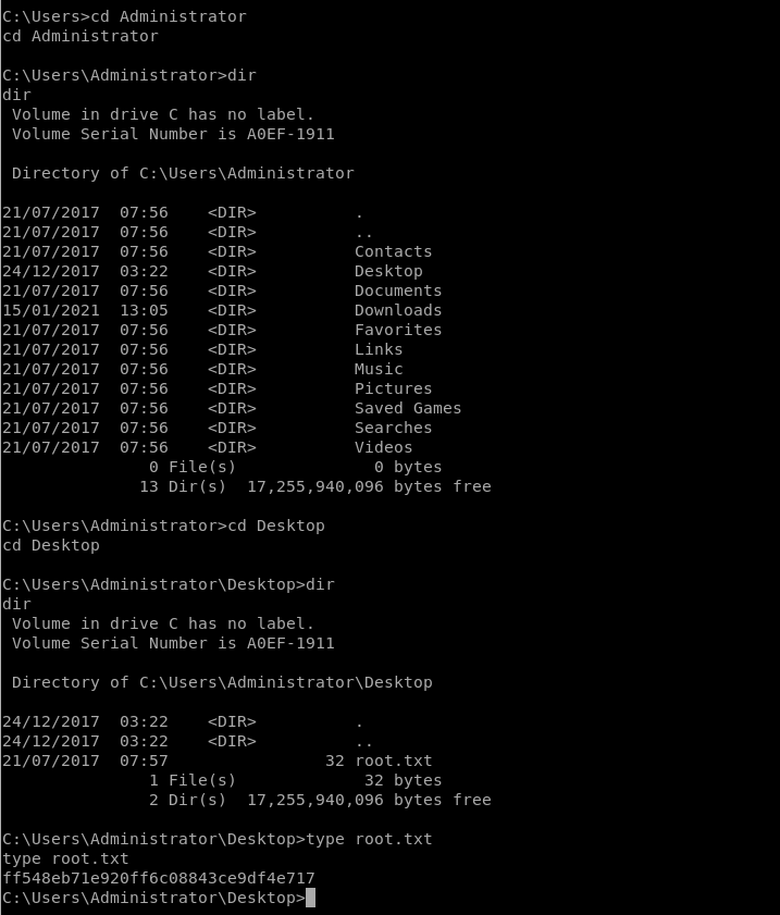Administrator 
cd Administrator 
dir 
Volume in drive C has no label. 
Volume Serial Number is AOEF-1911 
07:56 
07:56 
07:56 
03:22 
07:56 
13:05 
07:56 
07:56 
07:56 
07:56 
07:56 
07:56 
07:56 
Directory 
21/07/2017 
21/07/2017 
21/07/2017 
24/12/2017 
21/07/2017 
15/01/2021 
21/07/2017 
21/07/2017 
21/07/2017 
21/07/2017 
21/07/2017 
21/07/2017 
21/07/2017 
of C:\Users\Administrator 
O File(s) 
Contacts 
Desktop 
Documents 
Downloads 
Favorites 
Links 
Music 
Pictures 
Saved Games 
Searches 
Videos 
O bytes 
13 Dir(s) 
bytes free 
C:\Users\Administrator>cd Desktop 
cd Desktop 
dir 
Volume in drive C has no label. 
Volume Serial Number is AOEF-1911 
Directory 
24/12/2017 
24/12/2017 
21/07/2017 
of C:\Users\Administrator\Desktop 
03:22 
03:22 
07:57 
1 File(s) 
32 root. txt 
32 bytes 
2 Dir(s) 
bytes free 
C:\Users\Administrator\Desktop>type root. txt 
type root. txt 
ff548eb71e920ff6c08843ce9df4e717 