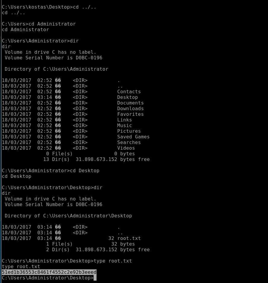 C: \lJsers>cd Administrator 
cd Administrator 
C: rator>dir 
dir 
Volume in drive C has no label. 
Volume Serial Number is 
Directory 
18/03/2017 
18/03/2017 
18/03/2017 
18/03/2017 
18/03/2017 
18/03/2017 
18/03/2017 
18/03/2017 
18/03/2017 
18/03/2017 
18/03/2017 
18/03/2017 
18/03/2017 
of C:\Users\Administrator 
02. 
•52 
02. 
•52 
02. 
•52 
03. 
• 14 
02. 
•52 
02. 
•52 
02. 
•52 
02. 
•52 
02. 
•52 
02. 
•52 
02. 
•52 
02. 
•52 
02. 
•52 
File(s) 
13 Dir(s) 
<DIR> 
<DIR> 
<DIR> 
<DIR> 
<DIR> 
<DIR> 
<DIR> 
<DIR> 
<DIR> 
<DIR> 
31. 898.673. 
Contacts 
Desktop 
Documents 
Downloads 
Favorites 
Links 
Music 
Pictures 
Saved Games 
Sea rches 
Videos 
bytes 
152 bytes free 
C: \Users\Administrator>cd Desktop 
cd Desktop 
dir 
Volume in drive C has no label. 
Volume Serial Number is 
Directory of C: \Users\Administrator\Desktop 
18/03/2017 
18/03/2017 
18/03/2017 
03:14 ee 
03:14 ee 
03:14 ee 
<DIR> 
<DIR> 
1 File(s) 
2 Dir(s) 31.898.673. 
type root . txt 
51ed1b36553c8461f4552c2e92b3eeed 
32 root . txt 
32 bytes 
152 bytes free 
root . txt 