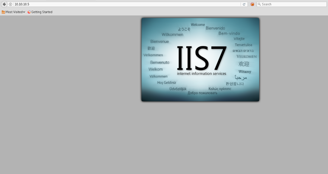 G)' 10.10.10.5 
Most Visitedv Getting Started 
Search 
Willkommen 
Welcome 
Bienvenido 
Bem-vindo 
Vitejte 
Bienvenue 
Velkommen 
Benvenuto 
Welkom 
Välkommen 
HO' Geldiniz 
IIS7 
internet information services 
Tervetuloa 
o•nn 
VELKOMEN 
Witamy 
Udvözöljük 
Kantbc opioatE 
A06po noxanoeaTb 