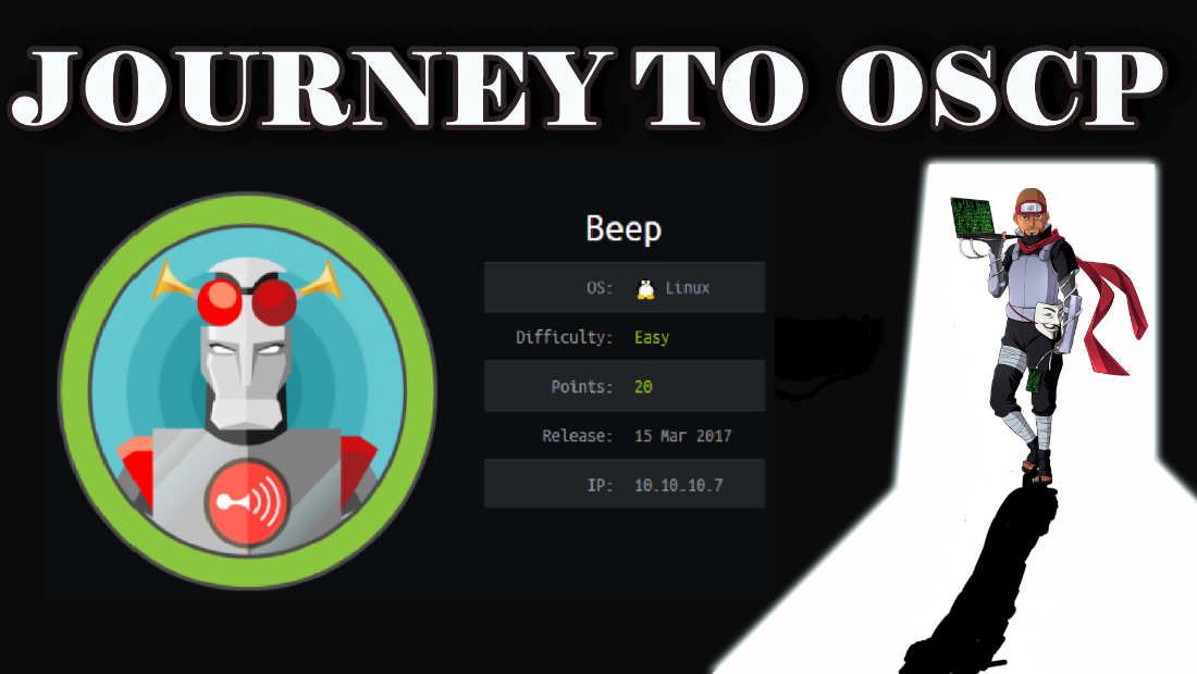 JOURNEY TO OSCP 
Beep 
Difficulty : 
Points : 
Release : 
Lt nux 
Easy 
20 
15 mar 2017 
10.10.10.7 