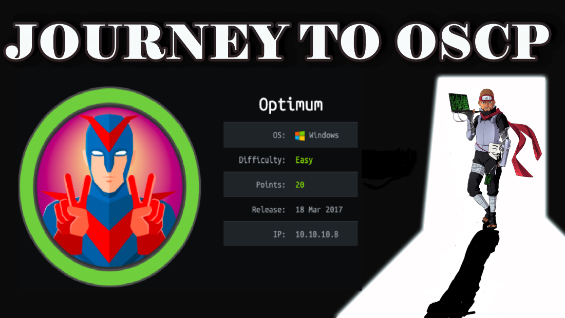 JOURNEY TO OSCP 
Optimum 
Difficulty: 
Points: 
Release: 
Windows 
Easy 
20 
18 Mar 2017 
10.13.10.8 