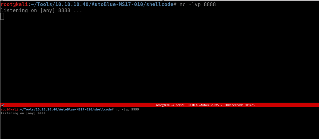 root@kali : -/T001s/10.10.10.40/AutoB1ue-MS17 
listening on [any] 8888 
-010/ shellcode# nc 
-Ivp 8888 
root@kali: -n001s/10.10.10.40/AutoBlue-MS17-010/shellcode 205x26 
-Ivp 9999 
listening on [any] 9999 