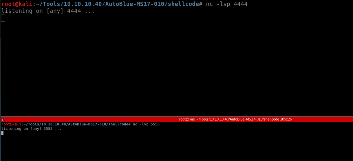 root@kali : -/T001s/10.10.10.40/AutoB1ue-MS17 
listening on [any] 4444 
-010/ shellcode# nc 
-l vp 4444 
t@kali: 
ools/10.10.10.40/AutoBlue-MS17-010/shellcode 205x2 
root@kati 
listening 
-Ivp 5555 
on [any] 5555 