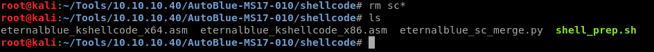 root@kati :-/TOOIS/IO .10 .10 .40/Aut0B1ue-MS17 
root@kati :-/TOOIS/IO .10 .10 .40/Aut0B1ue-MS17 
eternalblue kshellcode x64 . asm eternalblue 
root@kati :-/TOOIS/IO .10 .10 .40/Aut0B1ue-MS17 
-010/sheUcode# 
rm 
-010/sheUcode# 
Is 
kshellcode x86. asm eternalblue sc merge. py 
-010/sheUcode# 
shell _ prep . sh 