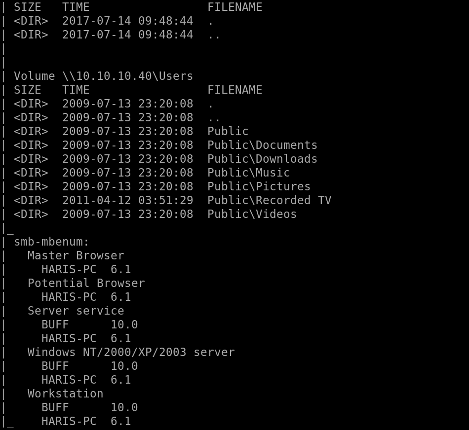 SIZE 
Volume 
SIZE 
TIME 
2017-07 
2017-07 
TIME 
-14 
09 : 48 : 44 
-14 
09 : 48 : 44 
10.40\Users 
2009-07-13 
2009-07-13 
2009-07-13 
23 •20. 
2009-07-13 
23 •20. 
2009-07-13 
23 •20. 
2009-07-13 
23 •20. 
2009-07-13 
23 •20. 
2011-04-12 
03:51. 
•29 
2009-07-13 
23 •20. 
smb-mbenum: 
Master Browser 
HARIS-PC 6.1 
Potential Browser 
HARIS-PC 6.1 
Server service 
FILENAME 
FILENAME 
Public 
Public\Documents 
Public\Downloads 
Public\Music 
Public\Pictures 
Public\Recorded TV 
Public\Videos 
BUFF 
10.0 
HARIS-PC 6.1 
Windows NT/2000/XP/2003 server 
BUFF 
HARIS -PC 
Wo rkstation 
BUFF 
HARIS -PC 
10.0 
6.1 
10.0 
6.1 